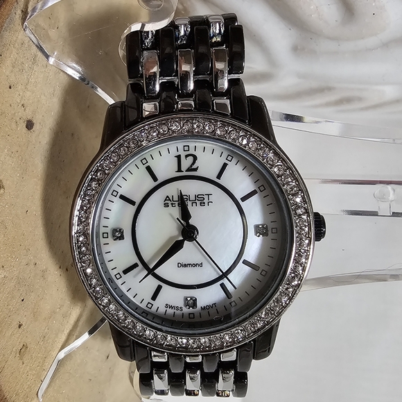 August Steiner Diamond Accent Watch | Mother of Pearl Dial | Black Ceramic Band - Picture 2 of 2